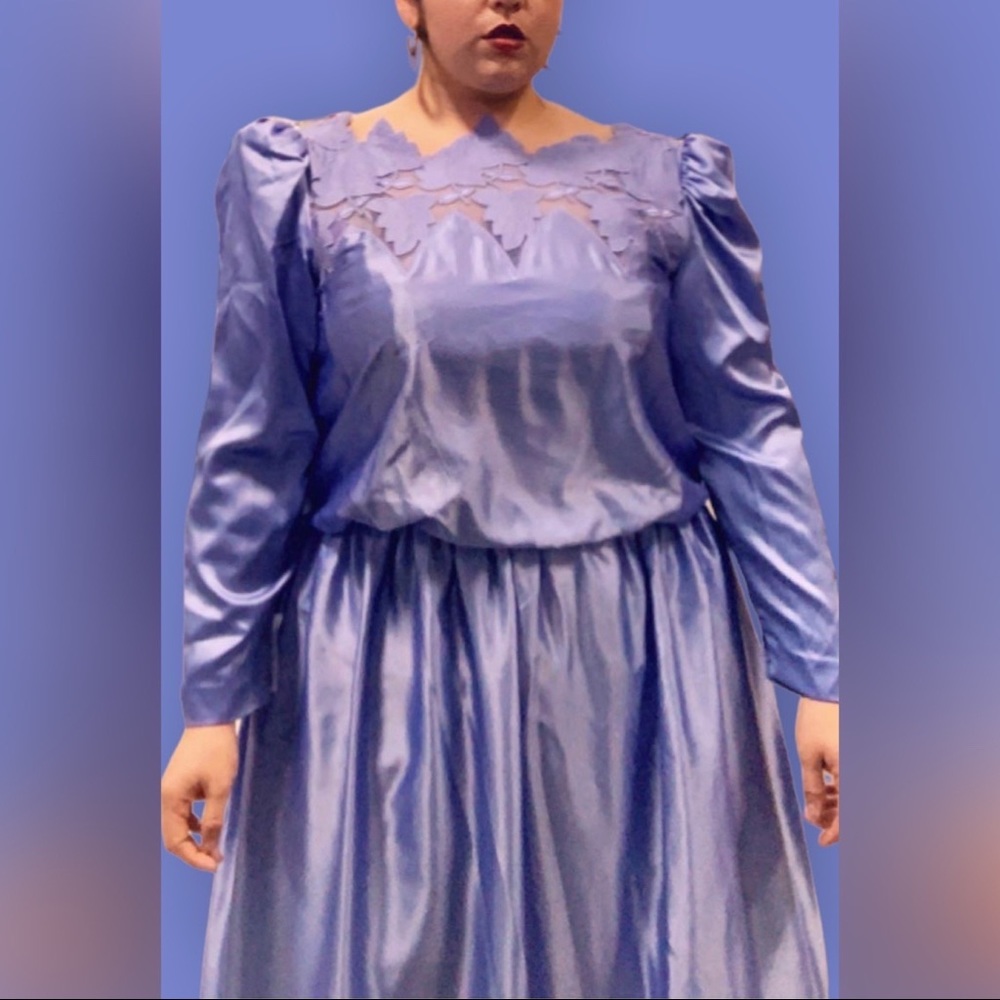 Vintage Handmade Blue Satin Long Sleeve Evening Dress - Picture 1 of 6